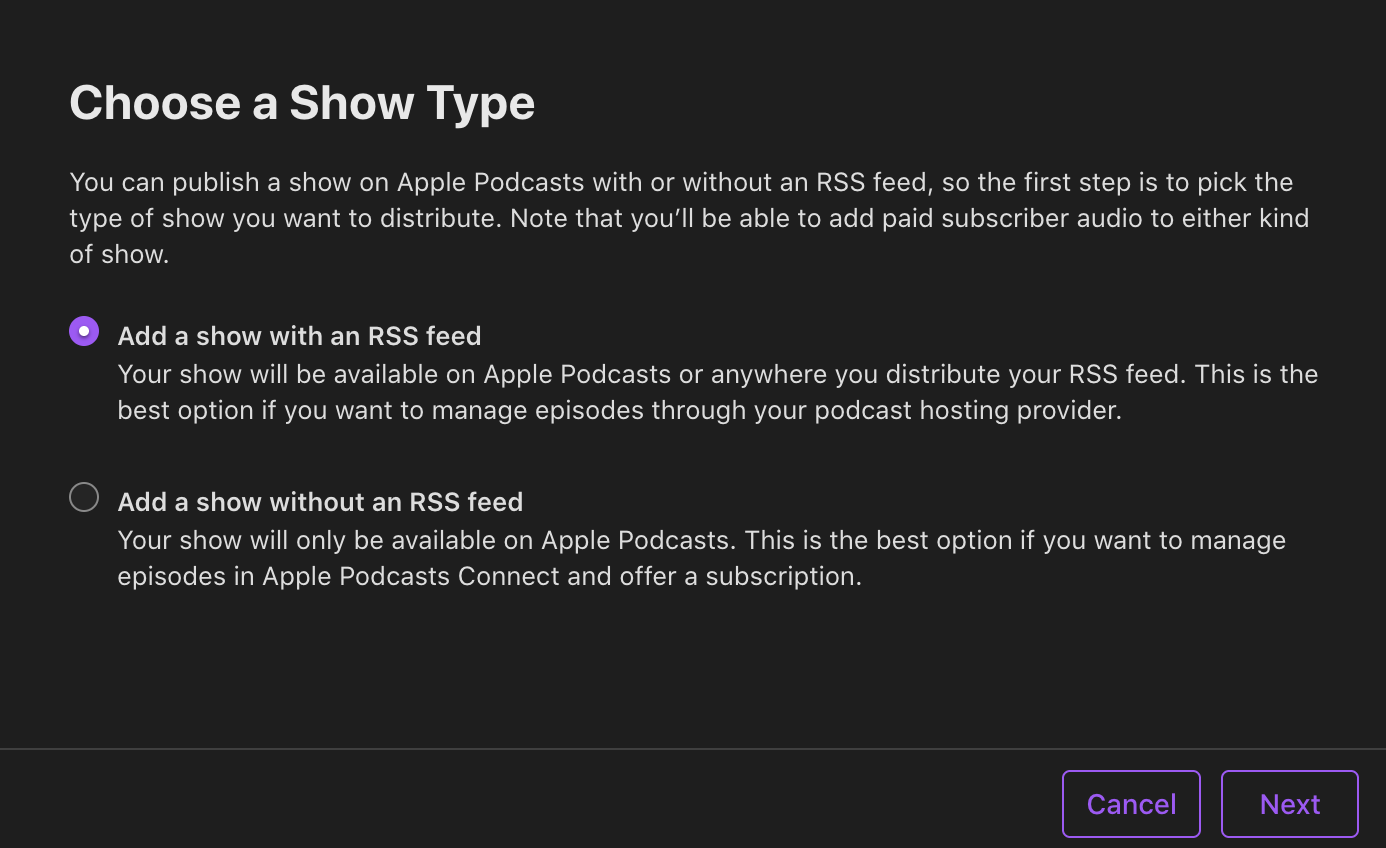 Apple Podcasts Connect choose a show type with Add a show with an RSS feed selected