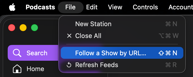 Apple Podcasts File menu showing Follow a Show by URL