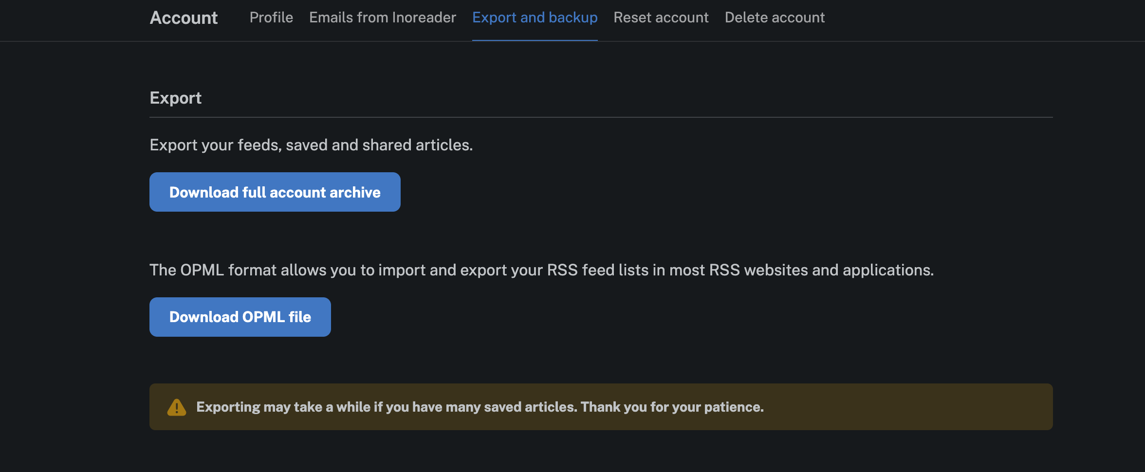 Inoreader Export and backup page with the Download OPML file button
